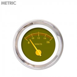 Volt Gauge - Metric Omega Olive, Yellow Modern Needles, Chrome Trim Rings - Part Number: GAR141ZMXNABCI