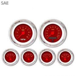 6 Gauge Set w/ emblem - SAE Omega Red, Red Modern Needles, Chrome Trim Rings - Part Number: GAR142ZEARABCE