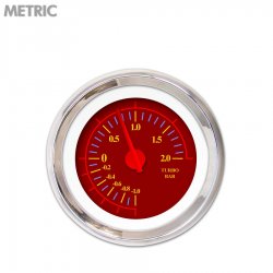 Turbo Gauge - Metric Omega Red, Red Modern Needles, Chrome Trim Rings - Part Number: GAR142ZMXMABCE