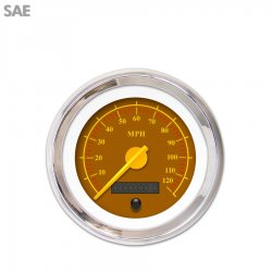 Speedo Gauge - SAE Omega Brown, Yellow Modern Needles, Chrome Trim Rings - Part Number: GAR143ZEXHABCI