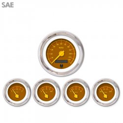5 Gauge Set - SAE Omega Brown, Yellow Modern Needles, Chrome Trim Rings - Part Number: GAR143ZEXQABCI
