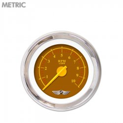 Tach Gauge w/ emblem - Omega Brown, Yellow Modern Needles, Chrome Trim Rings - Part Number: GAR143ZMAIABCI