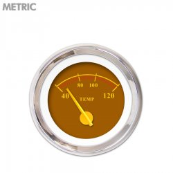 Water Temp Gauge - Metric Omega Brown, Yellow Modern Needles, Chrome Trim Rings - Part Number: GAR143ZMXLABCI