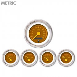 5 Gauge Set - Metric Omega Brown, Yellow Modern Needles, Chrome Trim Rings - Part Number: GAR143ZMXQABCI