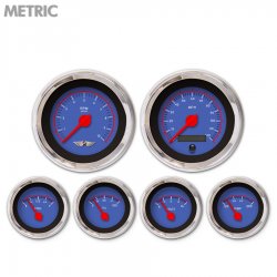 6 Gauge Set w/ emblem - Metric VX Bl, Red Modern Needles, Chrome Trim Rings - Part Number: GAR146ZMARABCE