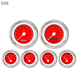 6 Gauge Set w/ emblem - SAE VX Red, White Modern Needles, Chrome Trim Rings - Part Number: GAR148ZEARABCD