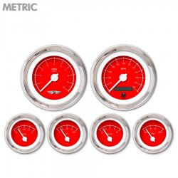 6 Gauge Set w/ emblem - Metric VX Red, White Modern Needles, Chrome Trim Rings - Part Number: GAR148ZMARABCD
