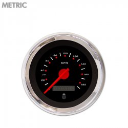 Speedo Gauge - Metric Pegged Black, Red Modern Needles, Chrome Trim Rings - Part Number: GAR151ZMXHABCE