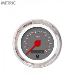 Speedo Gauge - Metric Pegged Dark Grnay, Red Modern Needles, Chrome Trim Rings - Part Number: GAR152ZMXHABCE