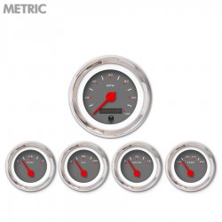 5 Gauge Set - Metric Pegged Dark Grnay, Red Modern Needles, Chrome Trim Rings - Part Number: GAR152ZMXQABCE