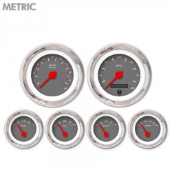 6 Gauge Set - Metric Pegged Dark Grnay, Red Modern Needles, Chrome Trim Rings - Part Number: GAR152ZMXRABCE