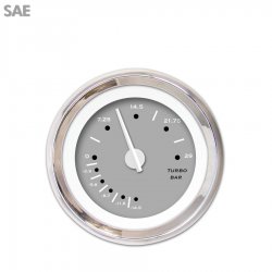 Turbo Gauge - SAE Pegged Grnay, White Modern Needles, Chrome Trim Rings - Part Number: GAR153ZEXMABCD
