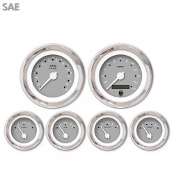 6 Gauge Set - SAE Pegged Grnay, White Modern Needles, Chrome Trim Rings - Part Number: GAR153ZEXRABCD