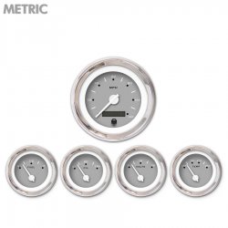 5 Gauge Set - Metric Pegged Grnay, White Modern Needles, Chrome Trim Rings - Part Number: GAR153ZMXQABCD