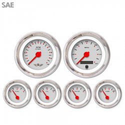 6 Gauge Set w/ emblem - SAE Pegged Ash, Red Modern Needles, Chrome Trim Rings - Part Number: GAR154ZEARABCE