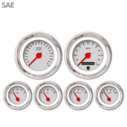 6 Gauge Set - SAE Pegged Ash, Red Modern Needles, Chrome Trim Rings - Part Number: GAR154ZEXRABCE
