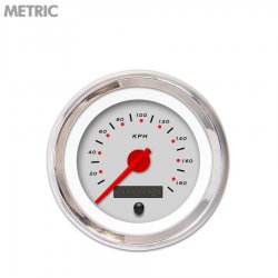 Speedo Gauge - Metric Pegged Ash, Red Modern Needles, Chrome Trim Rings - Part Number: GAR154ZMXHABCE