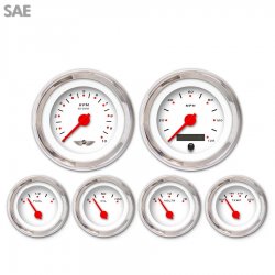 6 Gauge Set w/ emblem - SAE Pegged White, Red Modern Needles, Chrome Trim Rings - Part Number: GAR155ZEARABCE