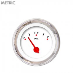 Oil Pressure Gauge - Metric Pegged White, Red Modern Needles, Chrome Trim Rings - Part Number: GAR155ZMXJABCE