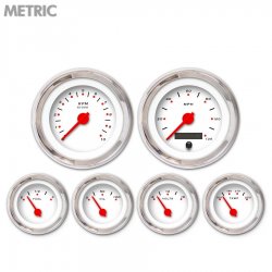 6 Gauge Set - Metric Pegged White, Red Modern Needles, Chrome Trim Rings - Part Number: GAR155ZMXRABCE