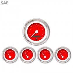 5 Gauge Set - SAE Pegged Red, White Modern Needles, Chrome Trim Rings - Part Number: GAR156ZEXQABCD