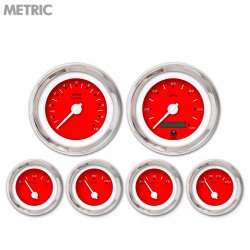 6 Gauge Set - Metric Pegged Red, White Modern Needles, Chrome Trim Rings - Part Number: GAR156ZMXRABCD