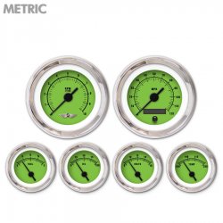 6 Gauge Set w/ emblem Metric Rider Gn, Black Vintage Needles, Chrome Trim Rings - Part Number: GAR158ZMARABAC