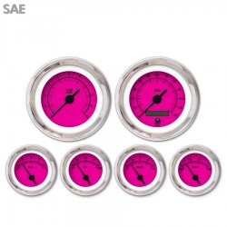 6 Gauge Set - SAE Rider Pink, Black Vintage Needles, Chrome Trim Rings - Part Number: GAR159ZEXRABAC