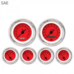 6 Gauge Set w/ emblem - SAE Rider Red, Black Vintage Needles, Chrome Trim Rings - Part Number: GAR161ZEARABAC