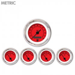 5 Gauge Set - Metric Rider Red, Black Vintage Needles, Chrome Trim Rings - Part Number: GAR161ZMXQABAC