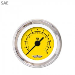 Tach Gauge w/ emblem - Rider Yellow, Black Vintage Needles, Chrome Trim Rings - Part Number: GAR162ZEAIABAC
