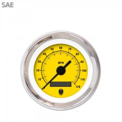Speedo Gauge - SAE Rider Yellow, Black Vintage Needles, Chrome Trim Rings - Part Number: GAR162ZEXHABAC
