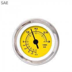 Turbo Gauge - SAE Rider Yellow, Black Vintage Needles, Chrome Trim Rings - Part Number: GAR162ZEXMABAC