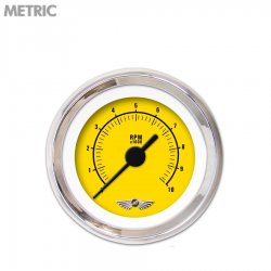 Tach Gauge w/ emblem - Rider Yellow, Black Vintage Needles, Chrome Trim Rings - Part Number: GAR162ZMAIABAC