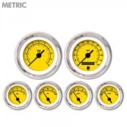 6 Gauge Set - Metric Rider Yellow, Black Vintage Needles, Chrome Trim Rings - Part Number: GAR162ZMXRABAC