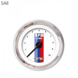 Tach Ga. w/ emblem Vintage Autobahn White, Black Mod Needles, Chrome Trim Rings - Part Number: GAR164ZEAIABCC