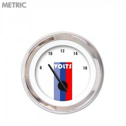 Volt Gauge Metric Vintage Autobahn White, Black Modern Needles, Chrome Rings - Part Number: GAR164ZMXNABCC