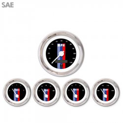 5 Gauge Set - SAE Vintage Autobahn Black, Wht Modern Needles, Chrome Trim Rings - Part Number: GAR165ZEXQABCD