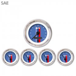 5 Gauge Set - SAE Vintage Autobahn Bl, Black Modern Needles, Chrome Trim Rings - Part Number: GAR166ZEXQABCC