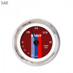 Turbo Gauge - SAE Vintage Autobahn Red, Black Modern Needles, Chrome Trim Rings - Part Number: GAR167ZEXMABCC