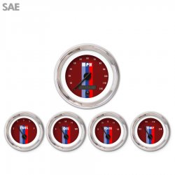 5 Gauge Set - SAE Vintage Autobahn Red, Black Modern Needles, Chrome Trim Rings - Part Number: GAR167ZEXQABCC