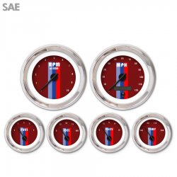 6 Gauge Set - SAE Vintage Autobahn Red, Black Modern Needles, Chrome Trim Rings - Part Number: GAR167ZEXRABCC