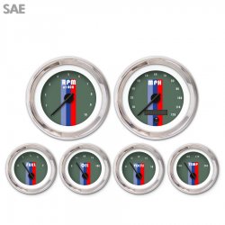 6 Gauge Set - SAE Vintage Autobahn Ash, Black Modern Needles, Chrome Trim Rings - Part Number: GAR168ZEXRABCC