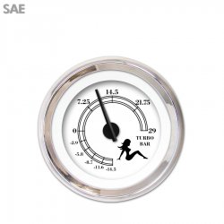 Turbo Gauge SAE Mudflap Black Text, White, Black Modern Needles, Chrome Rings - Part Number: GAR169ZEXMABCC