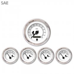 5 Gauge Set SAE Mudflap Black Text, White, Black Modern Needles, Chrome Rings - Part Number: GAR169ZEXQABCC