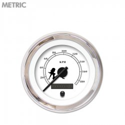 Speedo Ga. Metric Mudflap Black Text, White, Black Mod Needles, Chrome Rings - Part Number: GAR169ZMXHABCC