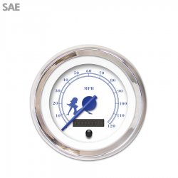 Speedo Gauge - SAE Mudflap Bl Text, White, Bl Modern Needles, Chrome Trim Rings - Part Number: GAR170ZEXHABCF