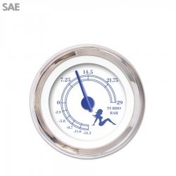 Turbo Gauge - SAE Mudflap Bl Text, White, Bl Modern Needles, Chrome Trim Rings - Part Number: GAR170ZEXMABCF