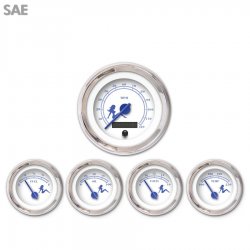 5 Gauge Set - SAE Mudflap Bl Text, White, Bl Modern Needles, Chrome Trim Rings - Part Number: GAR170ZEXQABCF