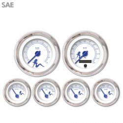 6 Gauge Set - SAE Mudflap Bl Text, White, Bl Modern Needles, Chrome Trim Rings - Part Number: GAR170ZEXRABCF